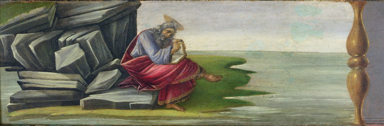 Den helige Johannes den gudomlige på Patmos skriver Uppenbarelseboken, predellapanel från Markusaltaruppsatsen, ca 1488-90 (tempera på panel) (se 44333 och 44348) av Sandro Botticelli