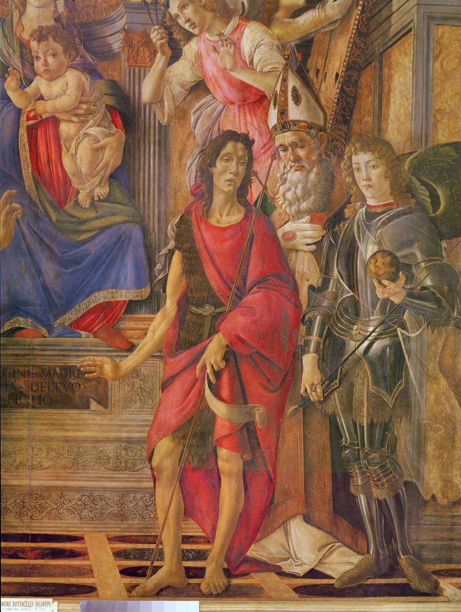 Altartavlan av Saint Barnabas, jungfru och barn på tronen, detalj av Johannes döparen, Saint Ignace biskop av Antiokia, Saint Michael, c.1488 tempera på trä av Sandro Botticelli