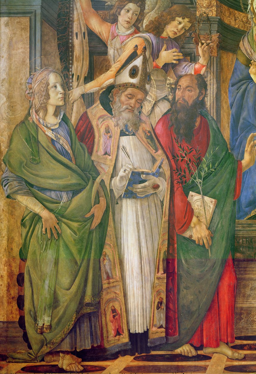 Altartavlan av Saint Barnabas, detalj av Saint Catherine of Alexandria, Saint Barnabas och Saint Augustine, c.1488 tempera på trä av Sandro Botticelli
