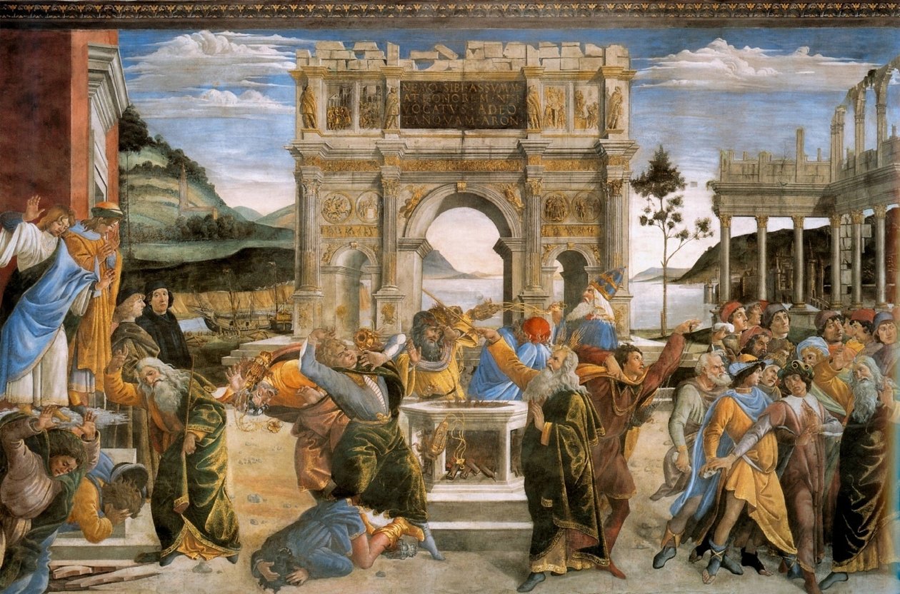 Straffet av Korah och stening av Moses och Aron av Sandro Botticelli