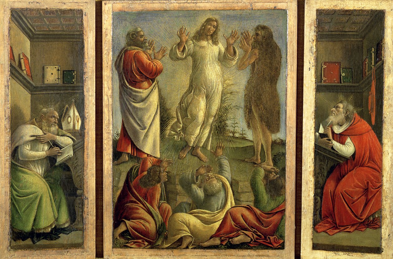 Triptyk som visar förvandlingen, Jesus som visar sig för sina lärjungar med de heliga Hieronymus och Augustinus på sidopanelerna, ca 1500 (tempera på panelen) av Sandro Botticelli