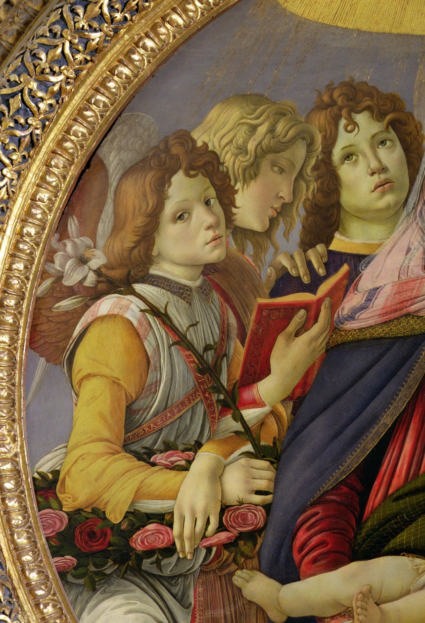 Jungfru och barn med sex änglar, kallad The Madonna of the Pomegranate (tempera på panel) (detalj av 202229) av Sandro Botticelli