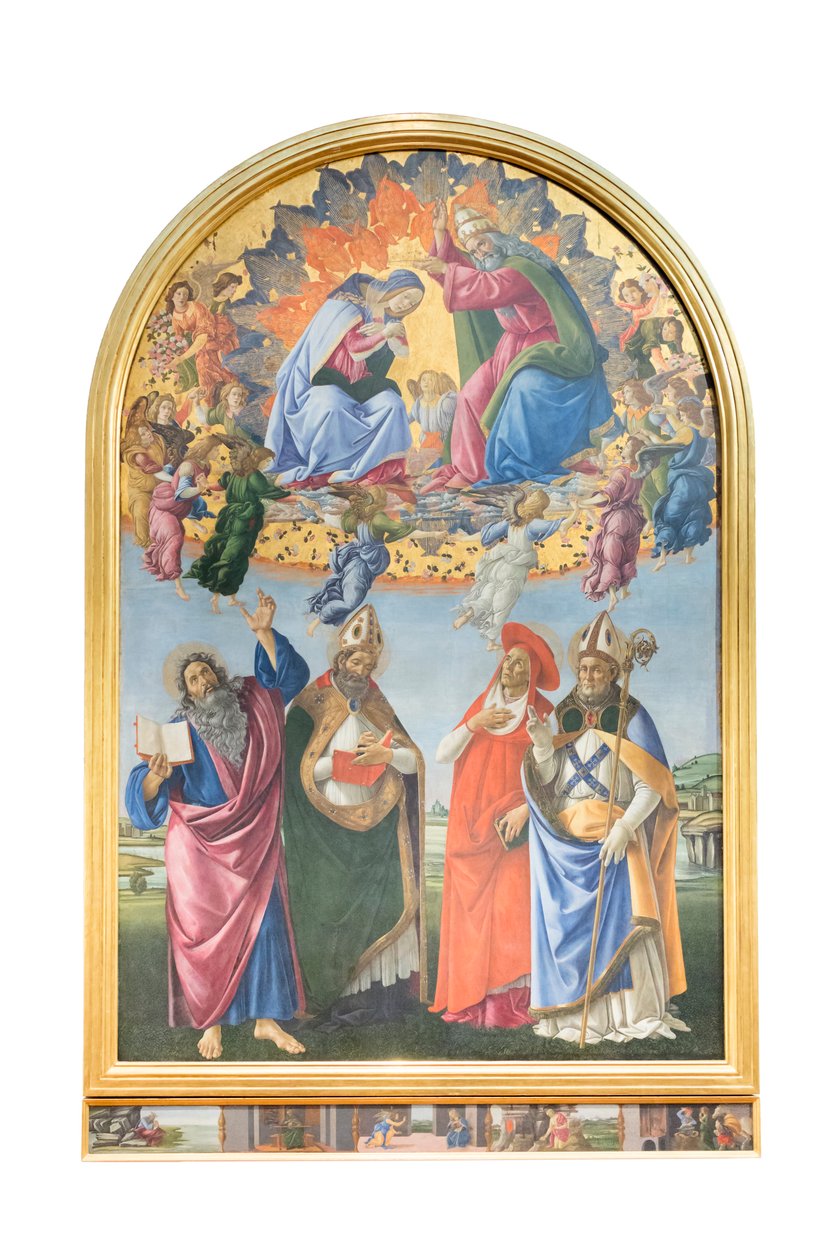Jungfruns kröning med änglar och den helige Johannes evangelisten, den helige Augustinus av Sandro Botticelli