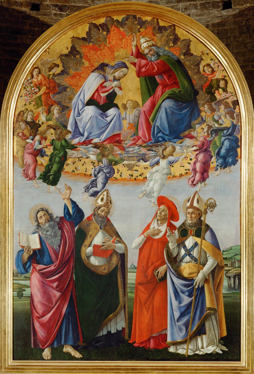 Jungfruns kröning med sexton änglar och helgon: Johannes Evangelisten, Augustinus, Hieronymus och Eligius (tempera på trä) av Sandro (1444/5-1510) Botticelli