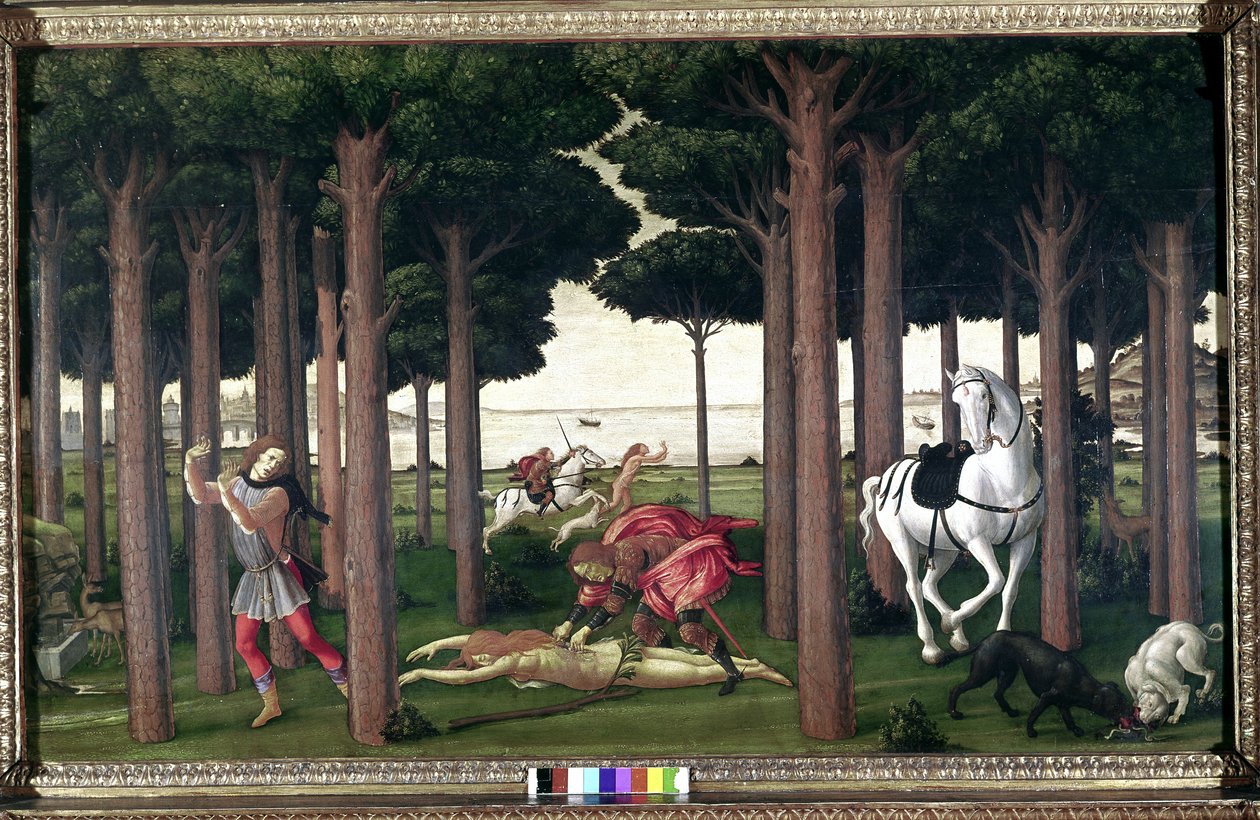Från Boccaccios Decameron; Berättelser om Nastagio degli Onesti (andra avsnittet) av Sandro (1444/5 1510) Botticelli