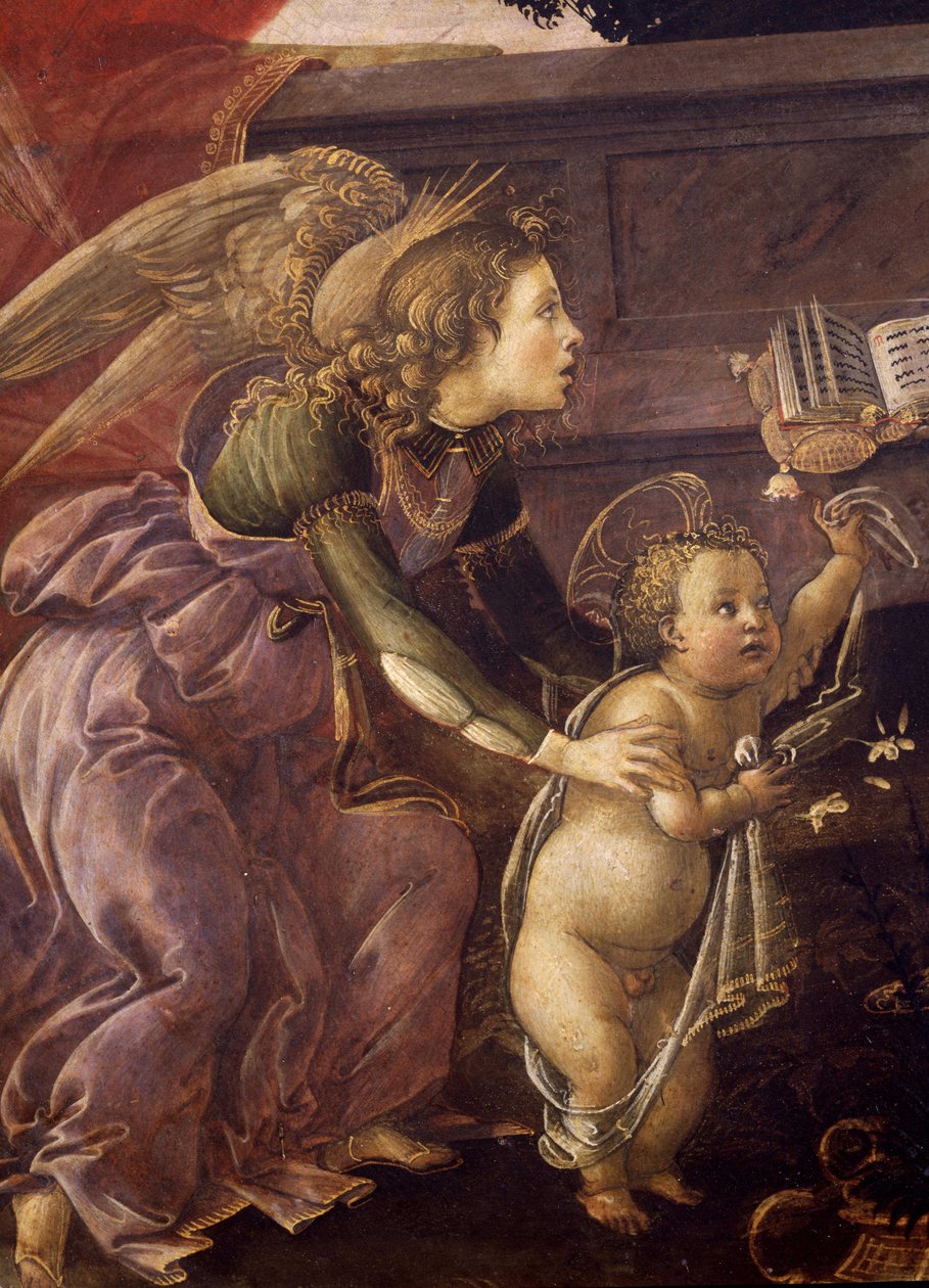 Madonna och barn med tre änglar (Madonna del Padiglione), detalj av ängeln med Kristus av Sandro Botticelli