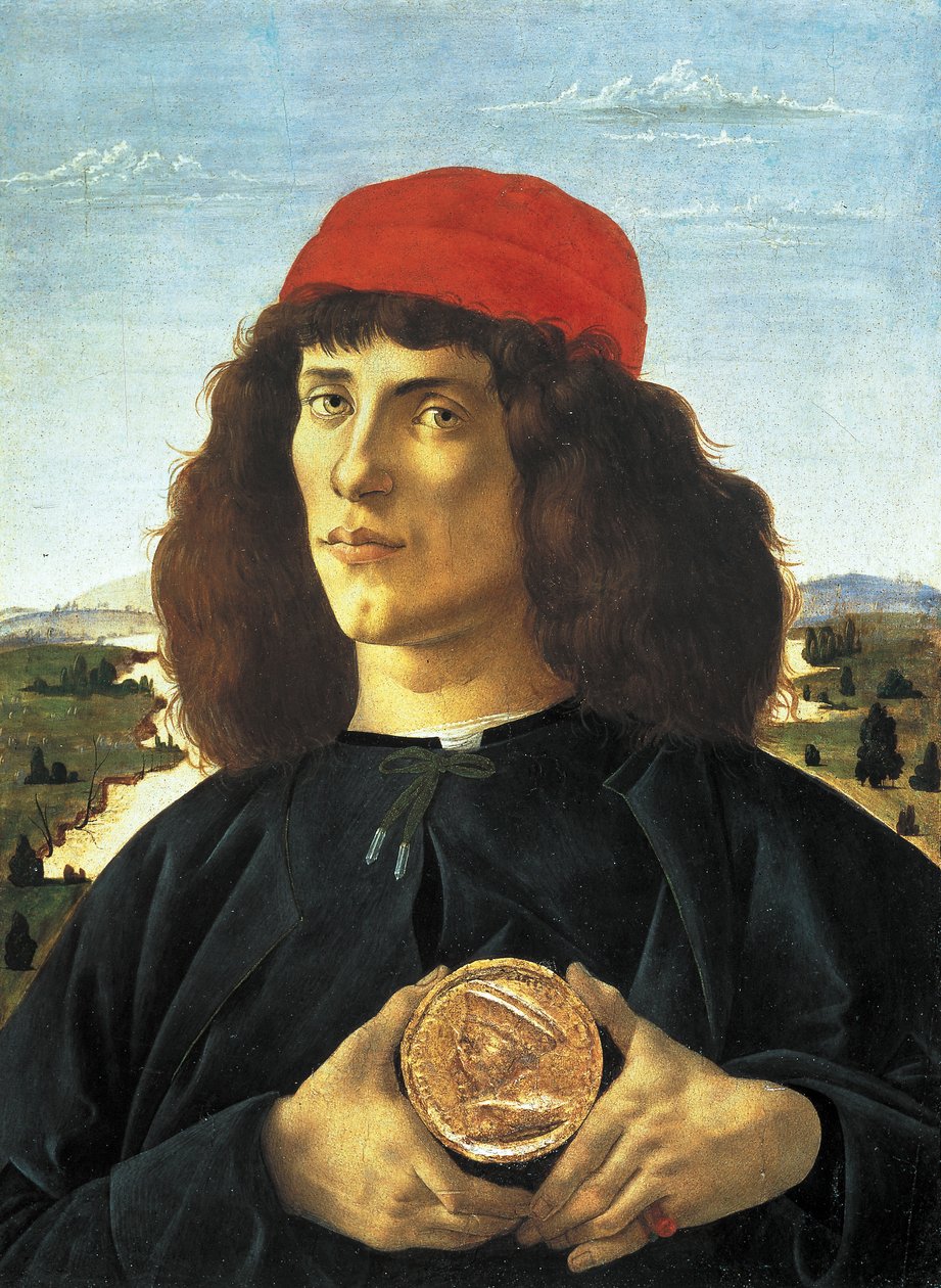 Porträtt av människan med Cosme Medicis den äldres medalj (ca 1475), målning av Alessandro di Mariano de Philippi av Sandro Botticelli (1445-1510). Florens, Uffizimuseet. av Sandro Botticelli
