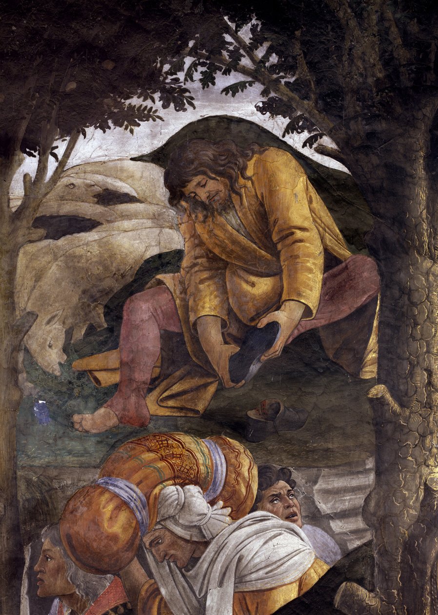 Berättelsen om Moses liv. Detalj av Moses som tar på sig sina skor på sina fötter. Målning av Alessandro di Mariano dei Filipepi känd som Sandro Botticelli (1445-1510). Fresk av Sandro Botticelli