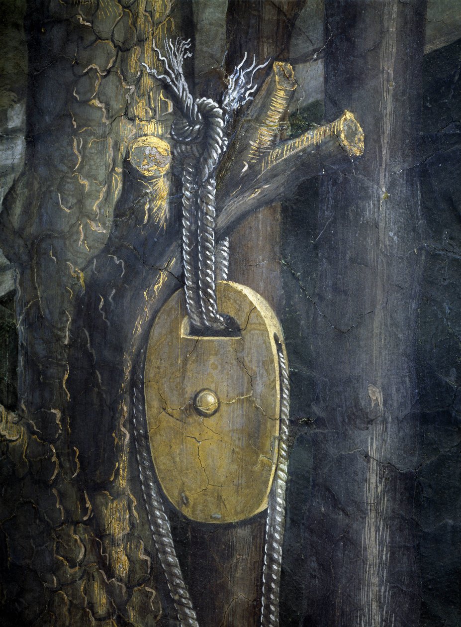Berättelse om Moses liv. Detalj av brunnens rep och trissa. Målning av Alessandro di Mariano dei Filipepi känd som Sandro Botticelli (1445-1510). Freskomålning av Sandro (1444/5 1510) Botticelli