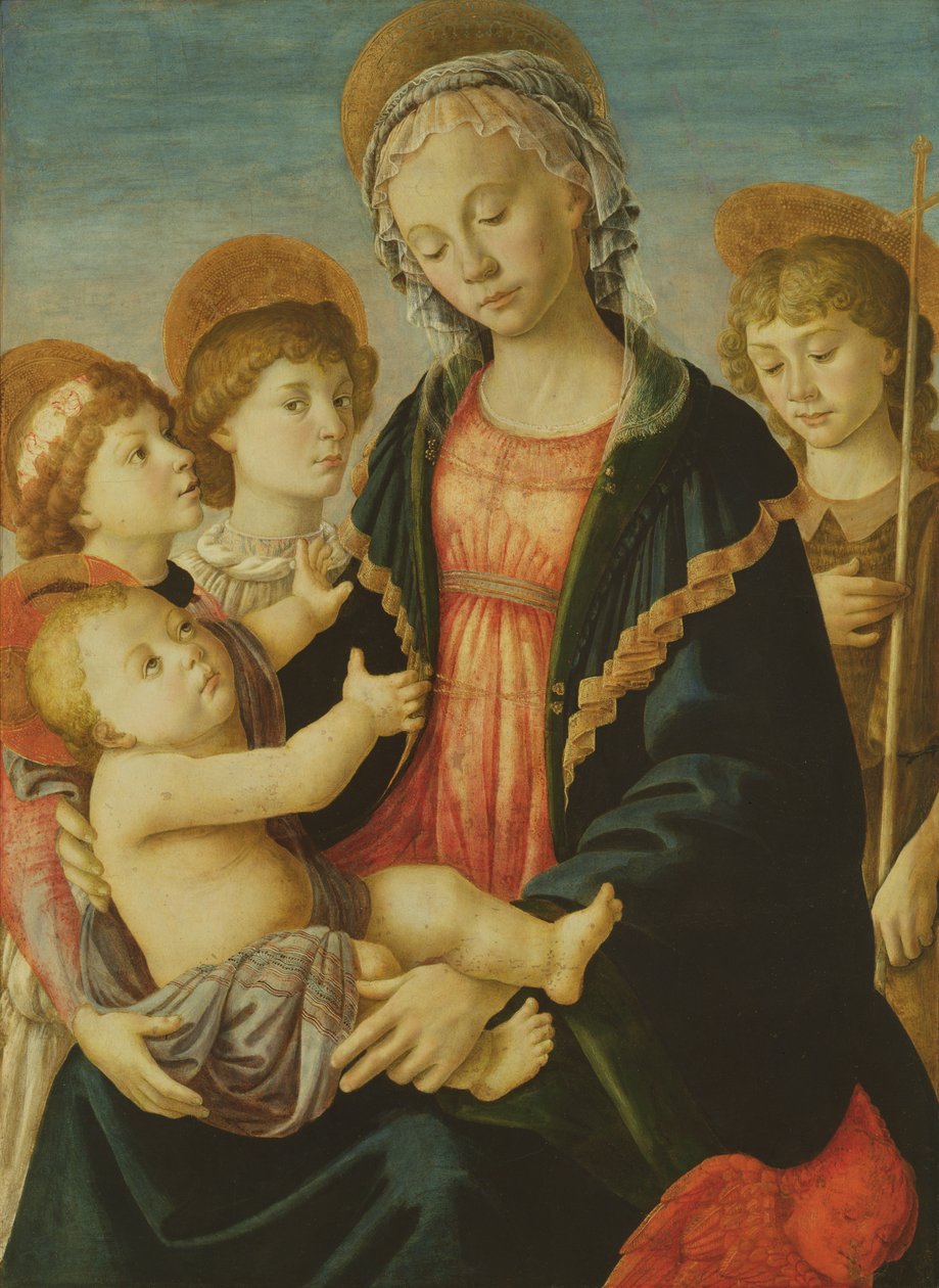 Jungfrun och barnet med två änglar och Johannes Döparen, ca 1470 (olja på panel) av Sandro Botticelli