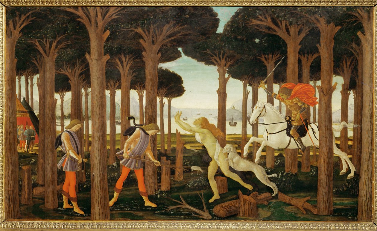 Berättelsen om Nastagio degli Onesti, första av tre paneler: Nastagio vandrar sorgset i en skog ... (målning på trä) av Sandro (1444/5 1510) Botticelli