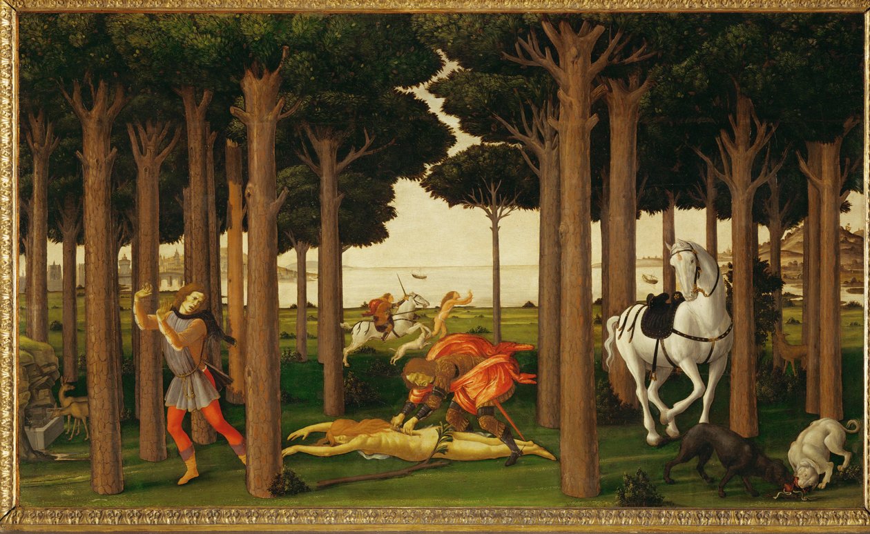 Berättelsen om Nastagio degli Onesti, andra av tre paneler: Ryttaren dödar flickan och kastar hennes hjärta till hundarna av Sandro (1444/5-1510) Botticelli