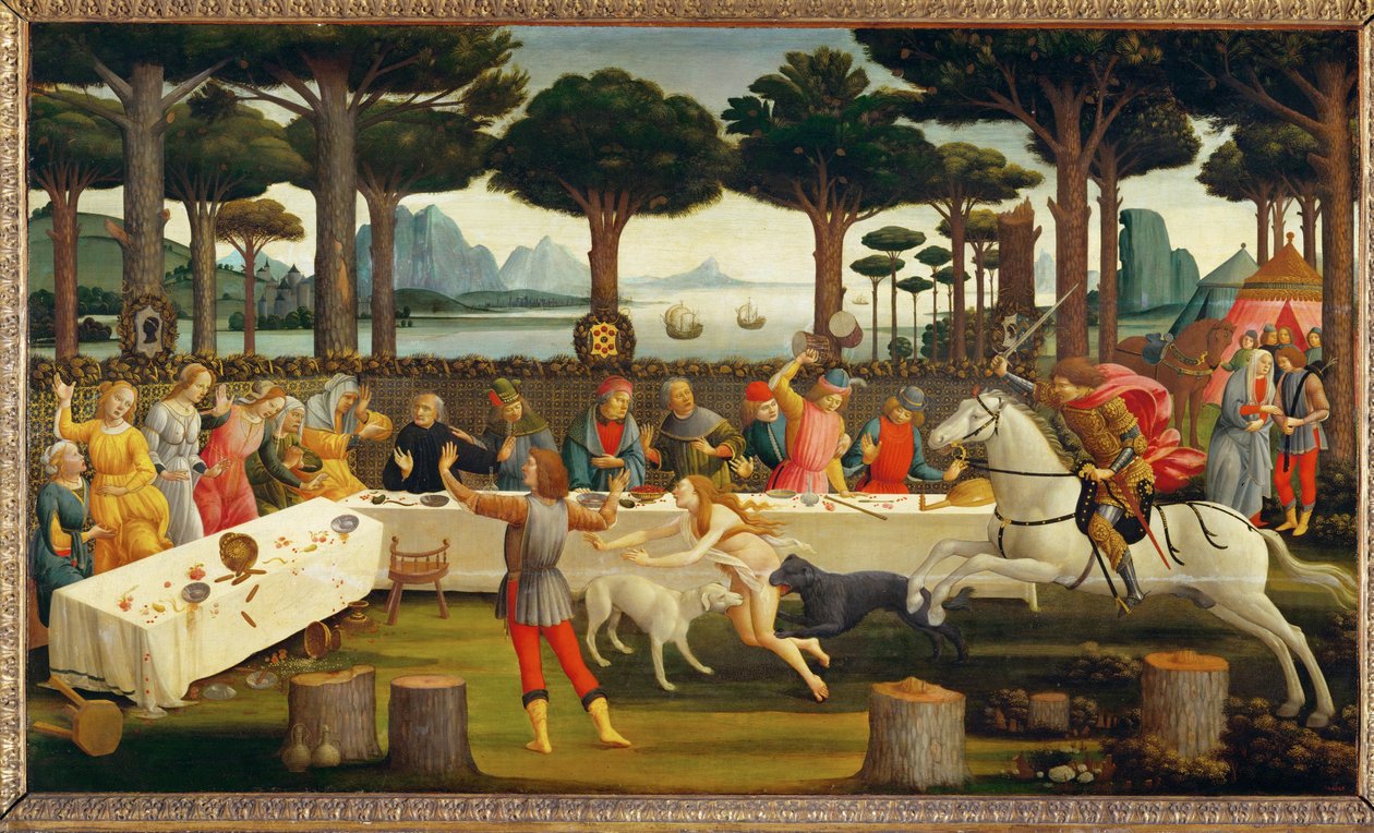 Berättelsen om Nastagio degli Onesti, tredje panelen: Nastagioinviterar sin älskade och hennes familj;under måltiden ... (målning på trä) av Sandro (1444/5-1510) Botticelli