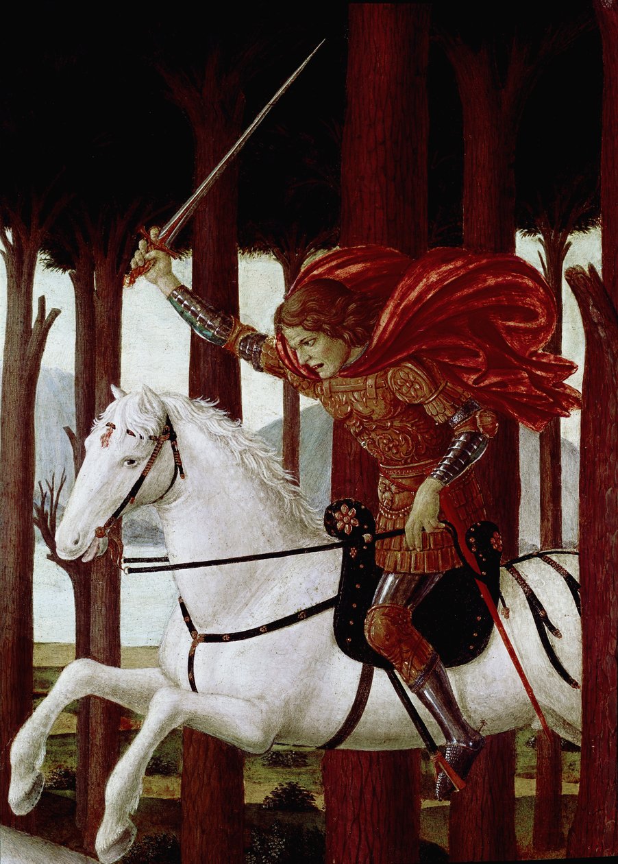 History of Nastagio degli Onesti: Encounter with the Damned in the Pine Forest (från en Decamerons novell av Boccaccio) (olja på panel av Sandro Botticelli