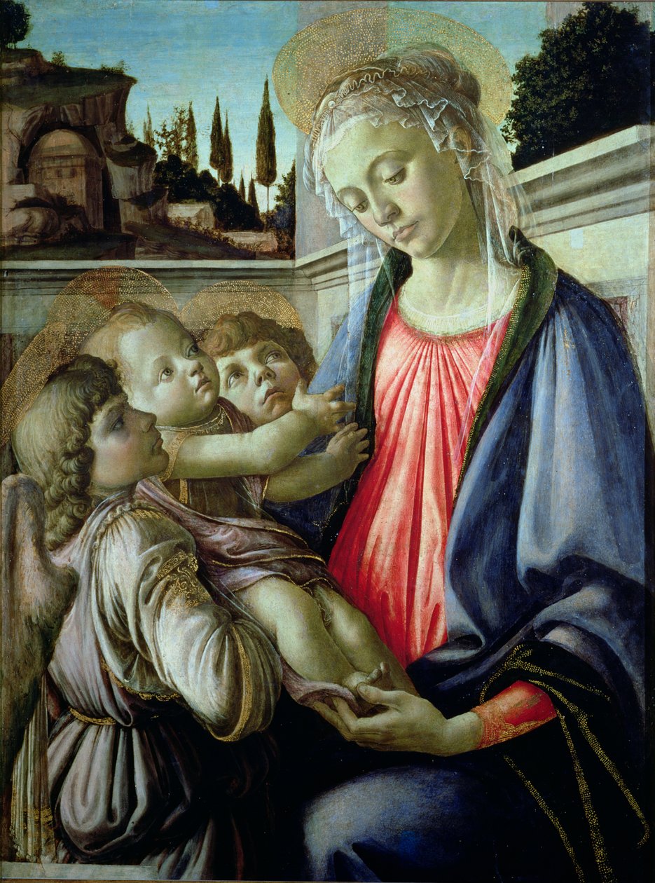 Madonna och barn med änglar (tempera på panel) av Sandro Botticelli
