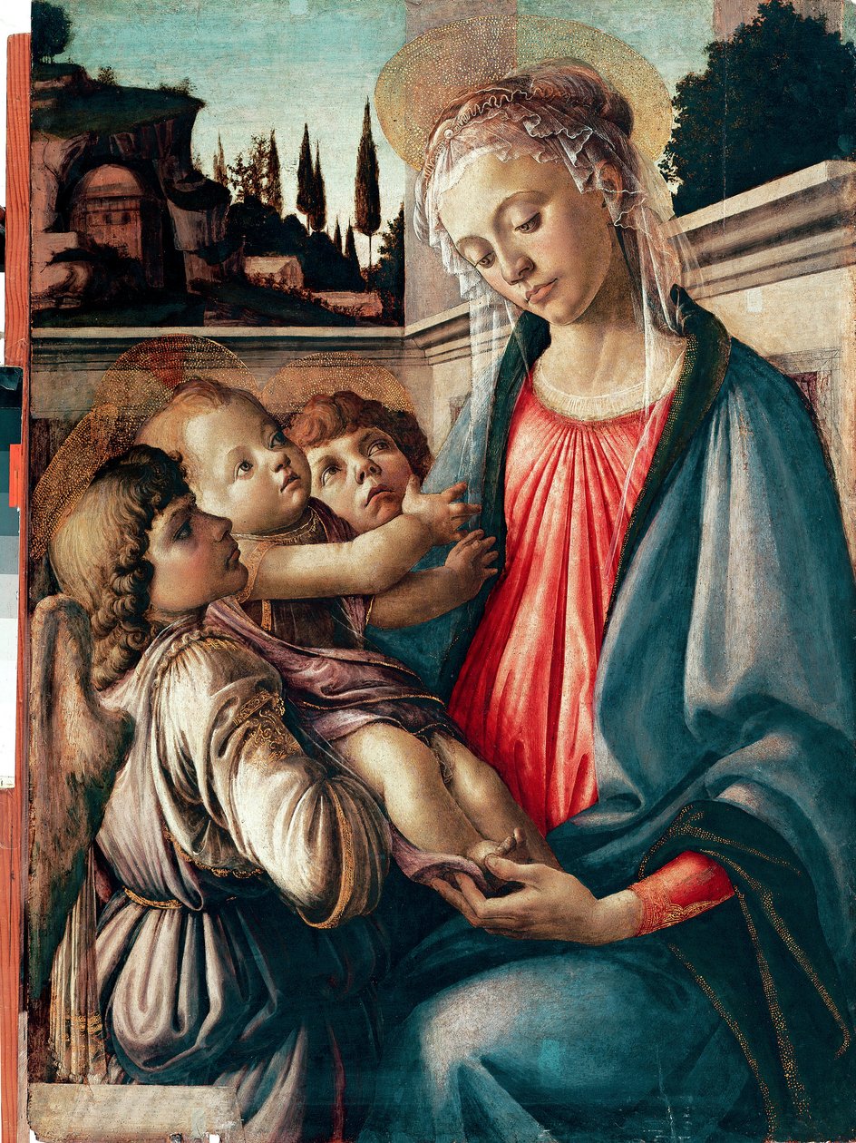 Madonna har barn med två änglar Detrempe på trä av Sandro Filipepi dit Botticelli (1445-1510) 1468-1469 Dim. 100x71 cm Neapel, Galleria Nazionali di Capodimonte - Madonna och barn med två änglar, av Sandro Filipepi a.k.a Botticelli (1445-1510). Humör av Sandro Botticelli