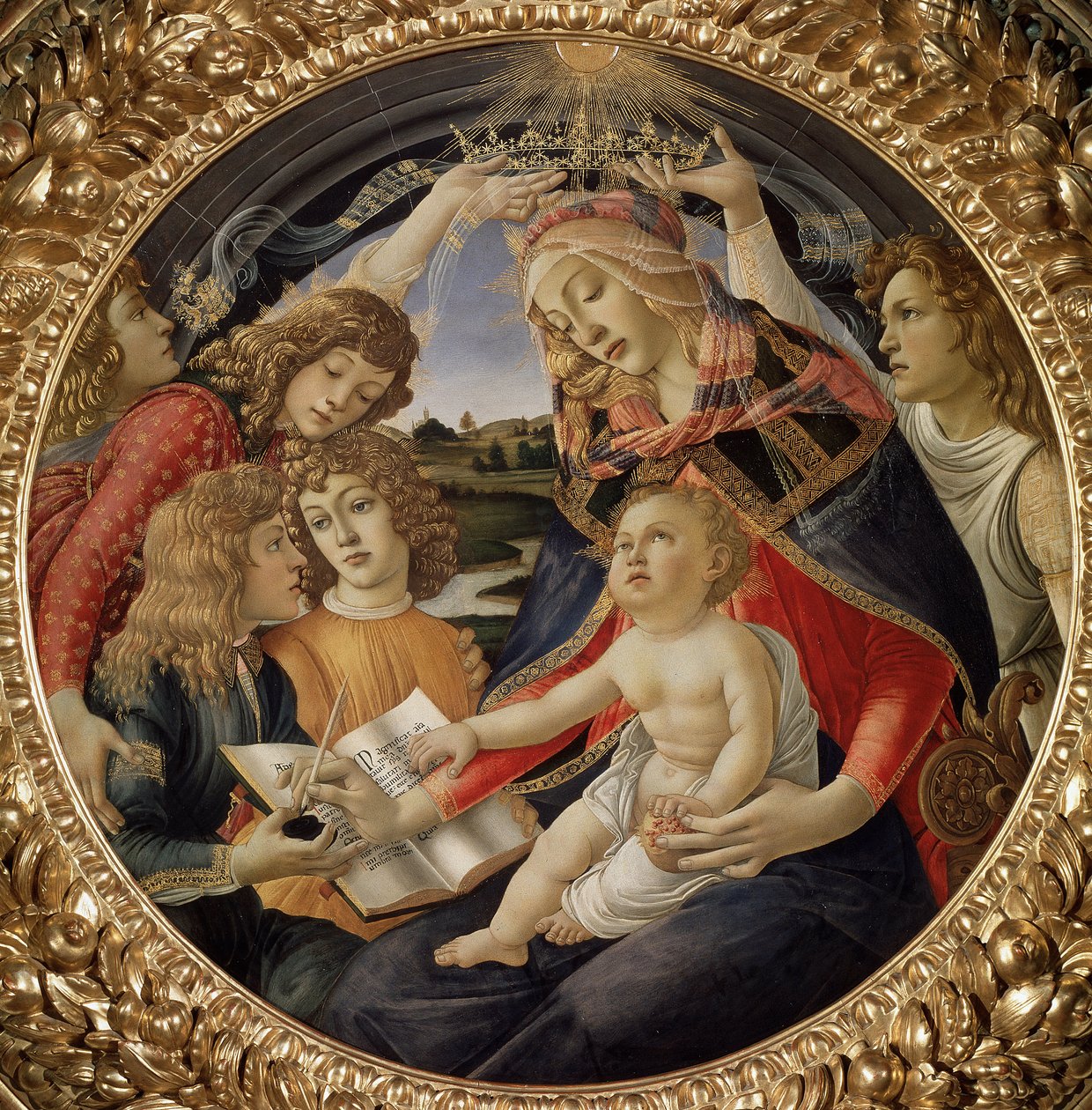 Madonna från Magnificat eller Jungfru med barn och fem änglar (tempera på trä av Sandro Botticelli