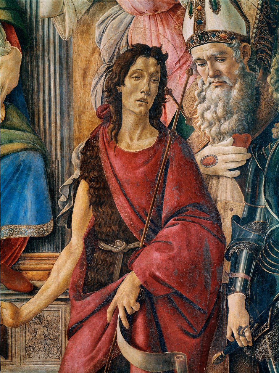 Pala di San Barnaba (altartavla av St. Barnaba): Vår Fru har ett barn med den heliga Katarina av Alexandria, den helige Augustinus, den helige Barnaba och den helige döparen Johannes, den helige Ignatius av Antiokia och ärkeängeln den helige Michael. Detal av Sandro Botticelli