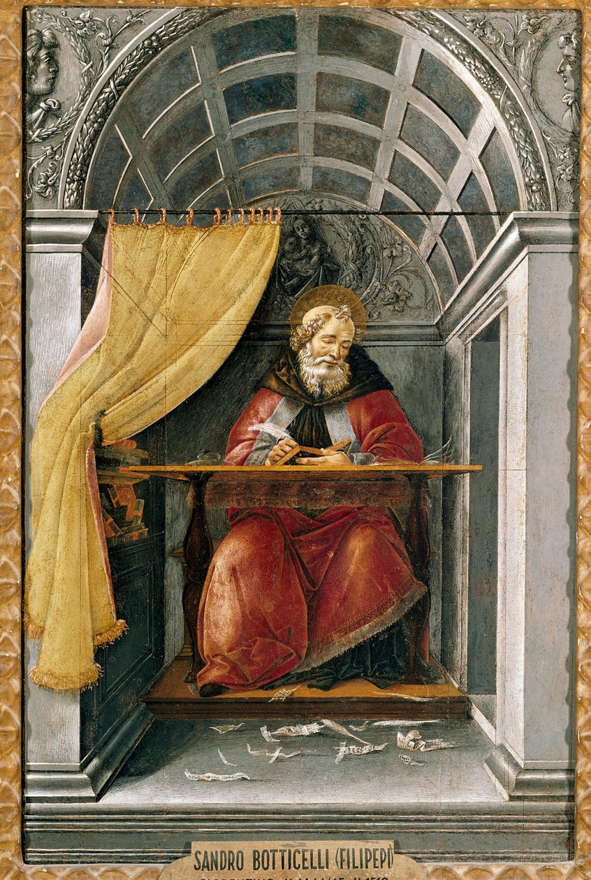 Sankt Augustinus i sin cell Målning av Alessandro di Mariano dei Filipepi dit Sandro Botticelli (1445-1510). Tempera på duk av Sandro Botticelli