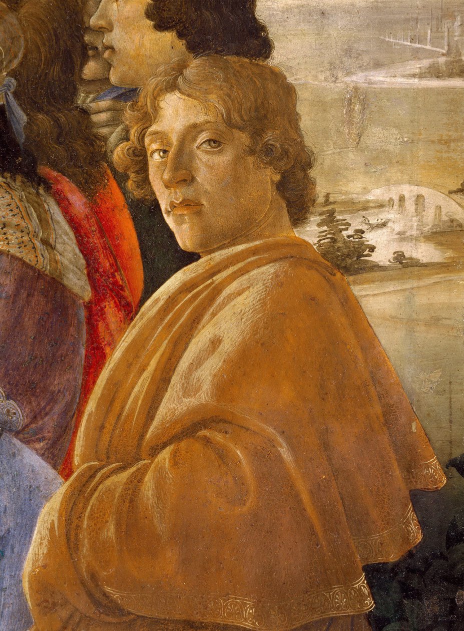 Tillbedjan av Magi. Detalj: Självporträtt av Botticelli, Sandro (1445-1510). Tempera på panel, ca. 1473-1475, Galleria degli Uffizi, Florens av Sandro Botticelli