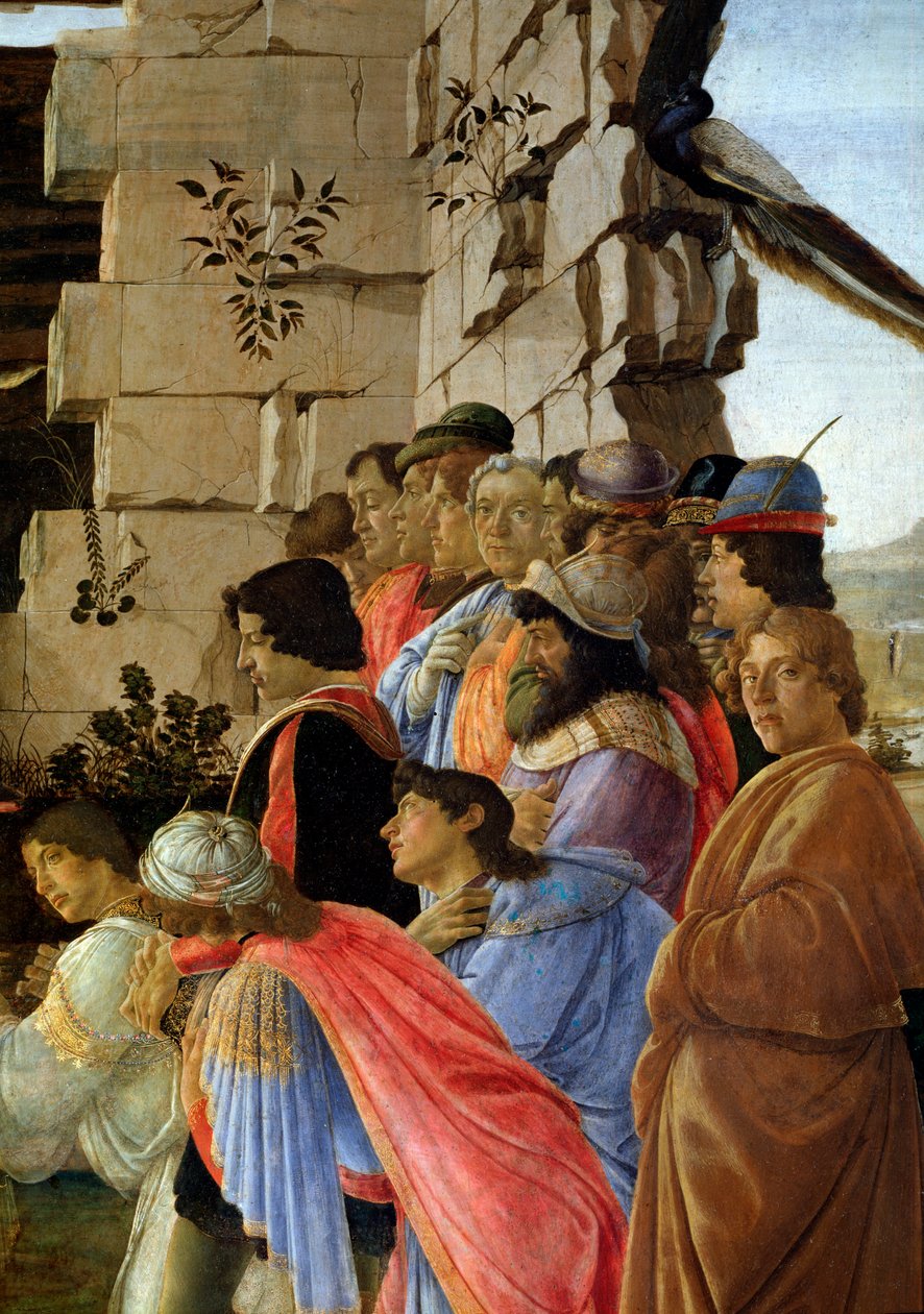 The Adoration of the Magi, detalj av självporträttet till höger (tempera på trä av Sandro Botticelli