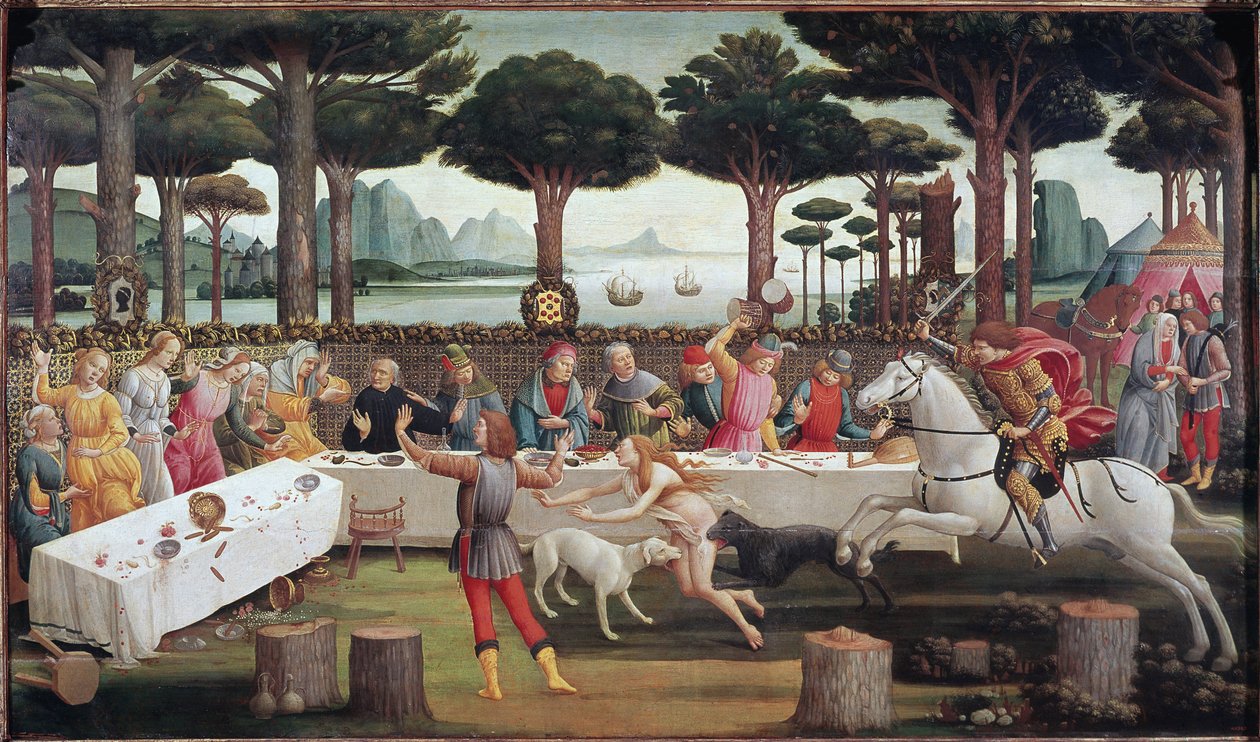 Banketten i skogen: Scen III av Berättelsen om Nastagio degli Onesti av Sandro Botticelli