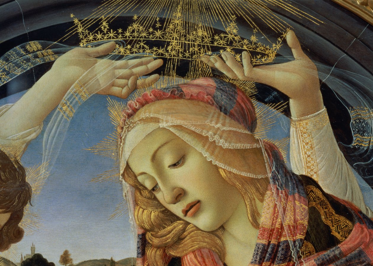 Madonnan från Magnificat, detalj av Jungfruns ansikte och krona av Sandro Botticelli