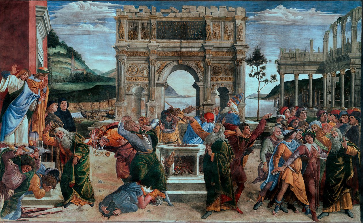 Bestraffningen av Korahs söner eller Bestraffningen av rebellerna, Sixtinska kapellet av Sandro (1444/5 1510) Botticelli