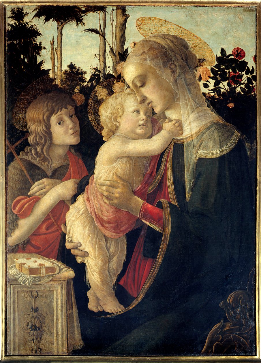 Jungfrun och Jesusbarnet med det unga Johannes döparbarnet Målning av Alessandro di Mariano dei Filipepi dit Sandro Botticelli (1445-1510). 1400-talets sön. 0,90 x 0,67 m - Jungfrun, Jesusbarnet och Johannes Döparen, barn. Målning b av Sandro Botticelli