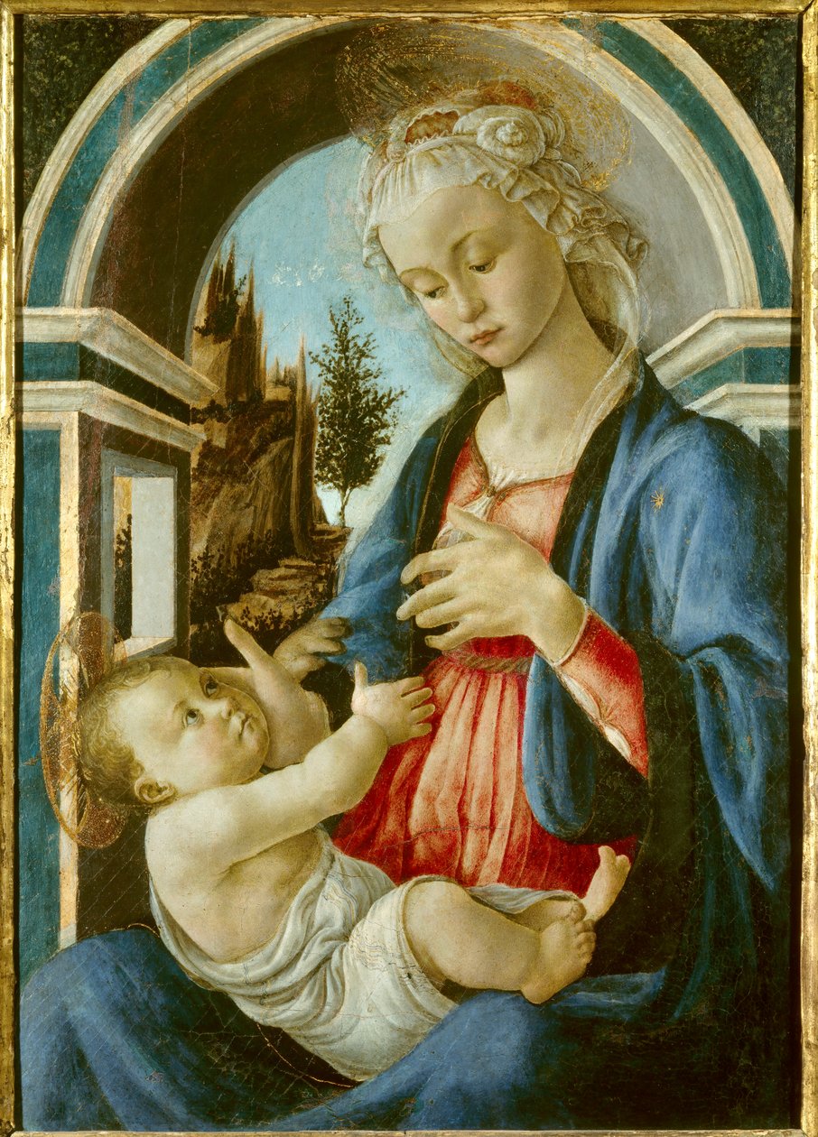 Jungfrun och barnmålningen av Sandro Botticelli (Filipepi) (1445-1510). 1467. Sön 72x51 m. Avignon, Musee du Peinture Palais av Sandro Botticelli