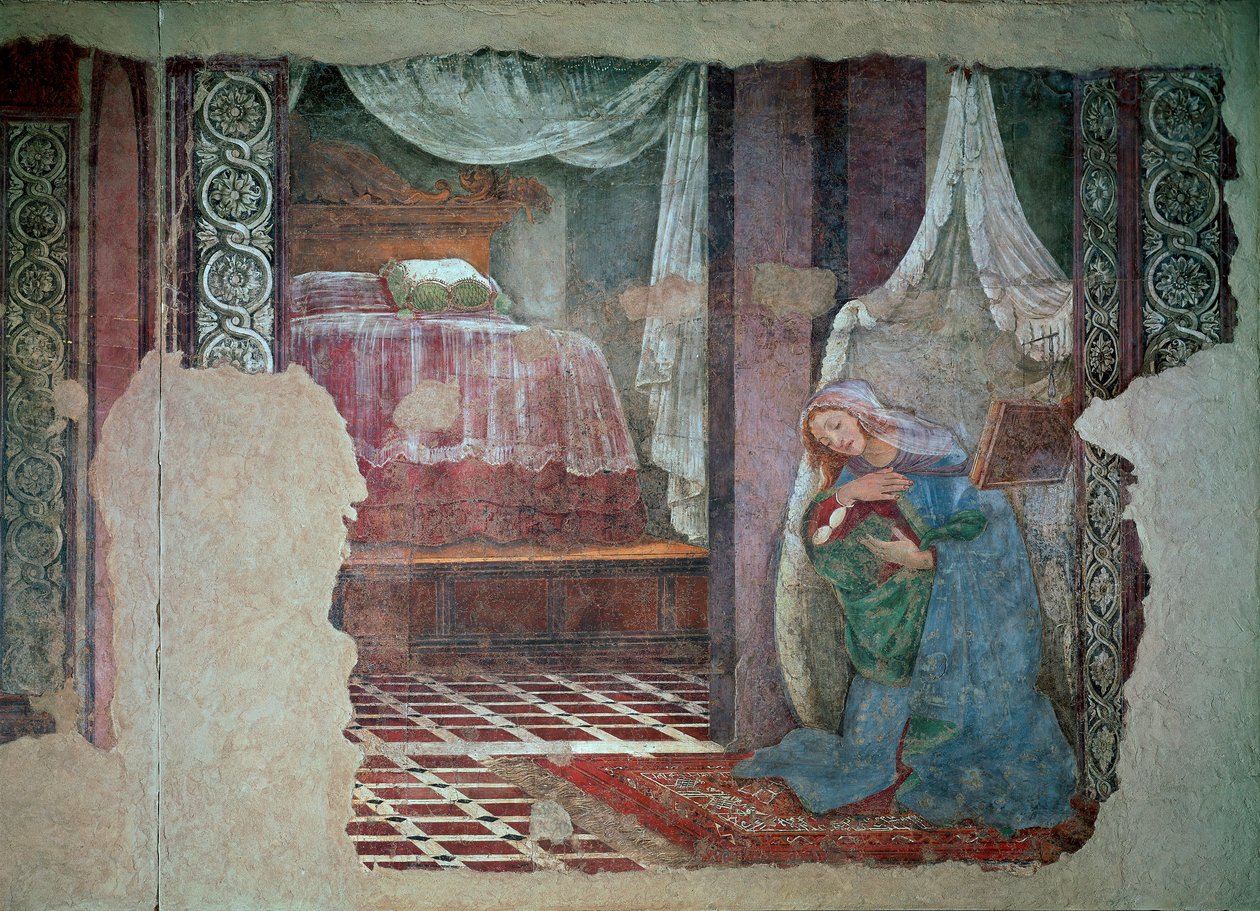 Jungfrun av bebådelsen detalj. Fresk av Alessandro di Mariano dei Filipepi dit Sandro Botticelli (1445-1510). 1481 Sön. 245x535 cm Florens, Uffizigalleriet (Kontor) av Sandro Botticelli