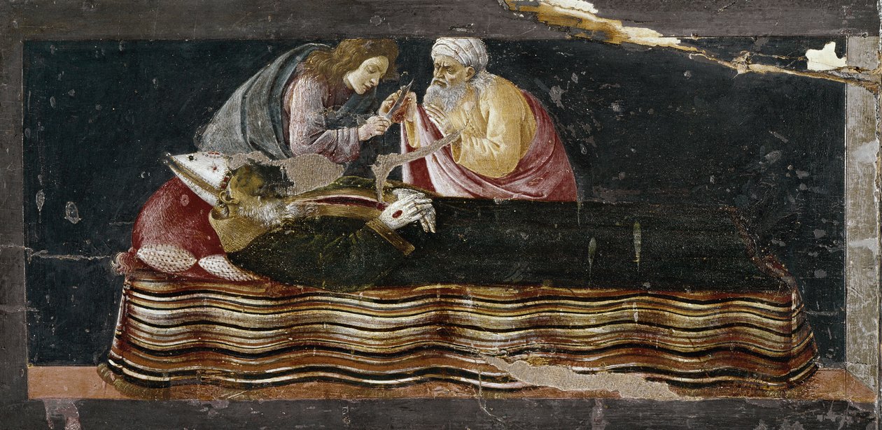 Utvinningen av hjärtat av St Ignatius. Detalj av St Barnaba altartavla (Tempera på trä av Sandro Botticelli