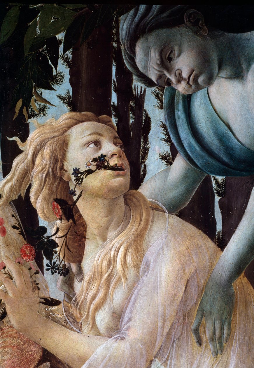Våren. Detalj: Zephyr som griper Chloris bär en genomskinlig slöja (Målning av Sandro Botticelli