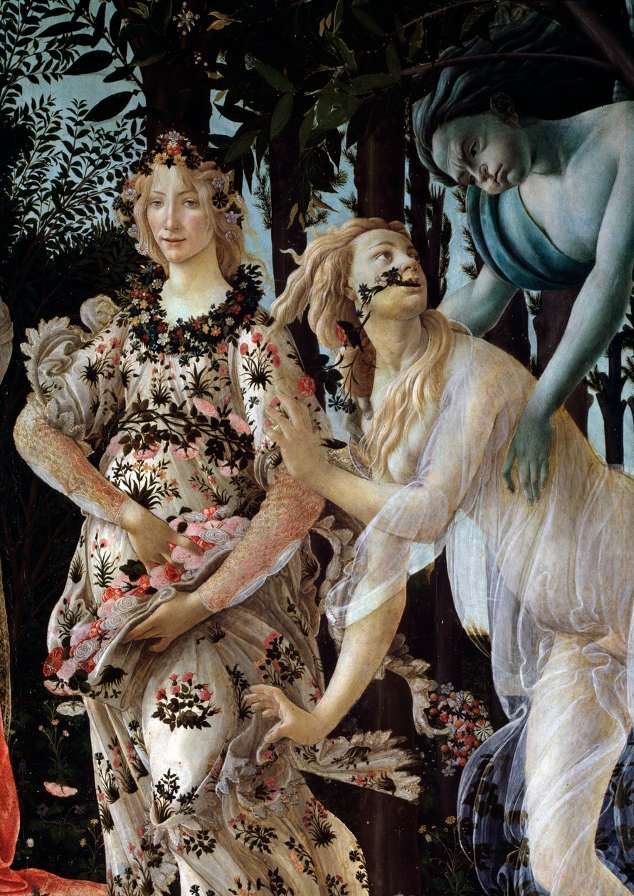 Våren. Detalj: Zephyr som griper nymfen Chloris bär en genomskinlig slöja och Flora i sin blomklänning (Målning av Sandro Botticelli