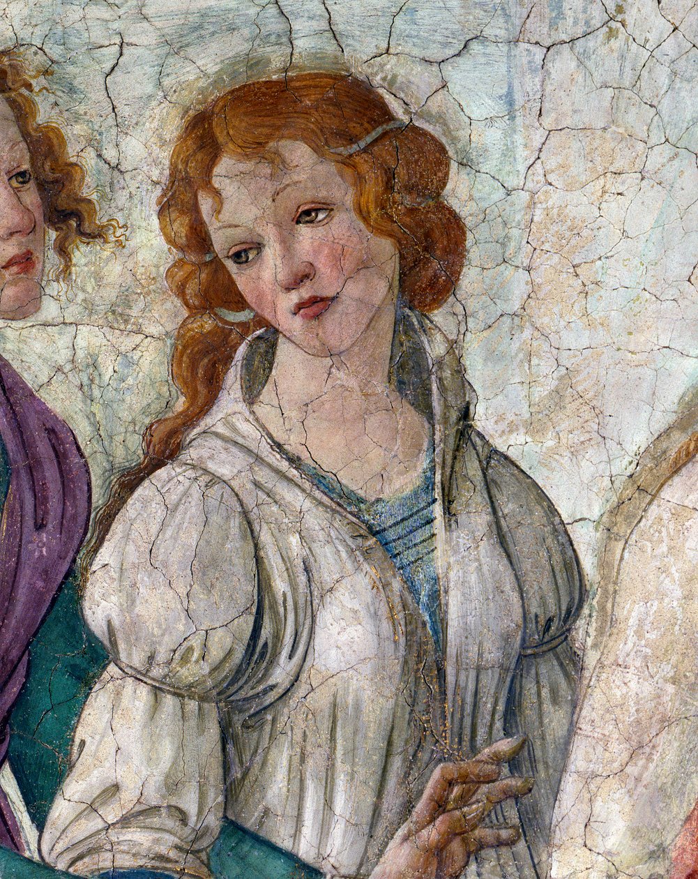 Venus and the Graces ger presenter till en ung flicka Detalj som representerar nåderna (Charites). Fresk av Villa Lemmi. Målning av Sandro Botticelli (1444-1510) av Sandro Botticelli
