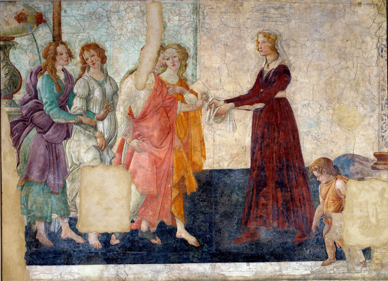 Venus and the Graces ger presenter till en ung flicka. Fresk av Villa Lemmi. Målning av Sandro Botticelli (1444-1510) av Sandro Botticelli