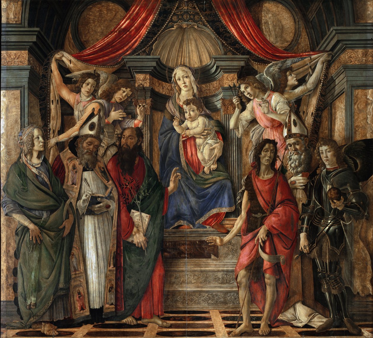 Jungfru och barn med heliga från altartavlan i San Barnabas - Tempera på trä av Sandro Botticelli