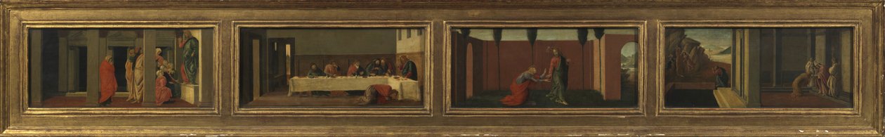 Scener ur Maria Magdalenas liv (fyra predellapaneler - a. Kristusundervisning; b. fest i Simons hus; c. Noli me Tangere; d. Magdalenas sista ögonblick) av Sandro (after) Botticelli