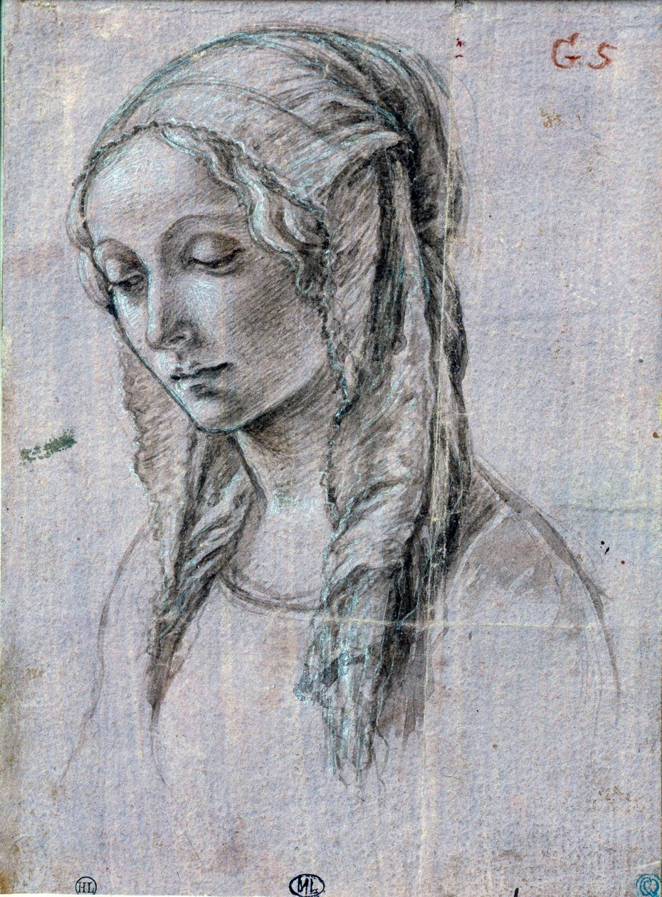 Ung kvinnas huvud”” Penselteckning och vita flikar attribut till Alessandro di Mariano dei Filipepi dit Sandro Botticelli (1445-1510) 1400-talets Paris, Louvren av Sandro (attr. to) Botticelli