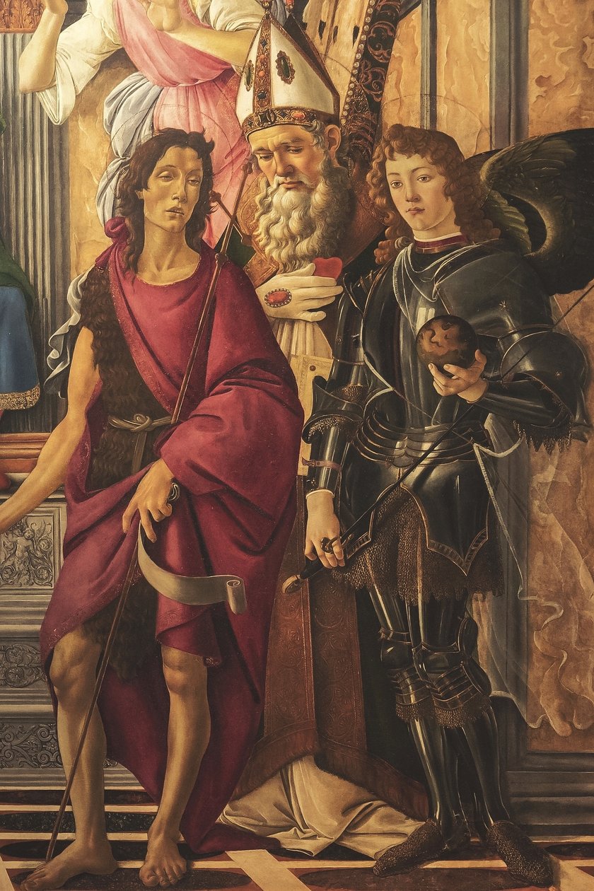 Altartavla, huvudpanel: tronande madonna, fyra änglar och helgon av Sandro Botticelli