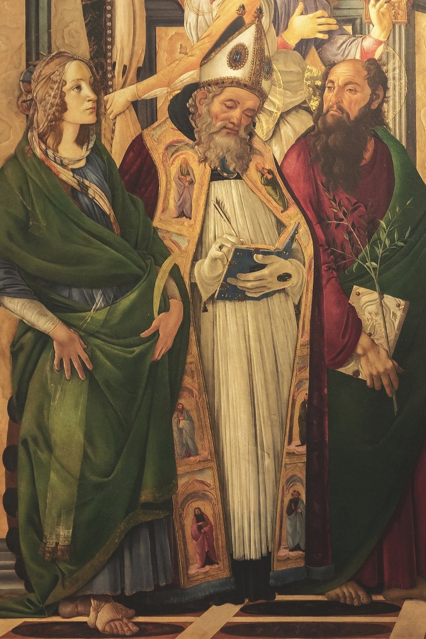 Altartavla, huvudpanel: tronande madonna, fyra änglar och helgon av Sandro Botticelli