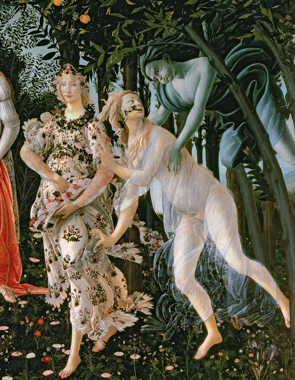 Detalj av Zephyr och Flora som vårens timme, från Primavera-tempera på paneldetalj av 558 av Sandro Botticelli