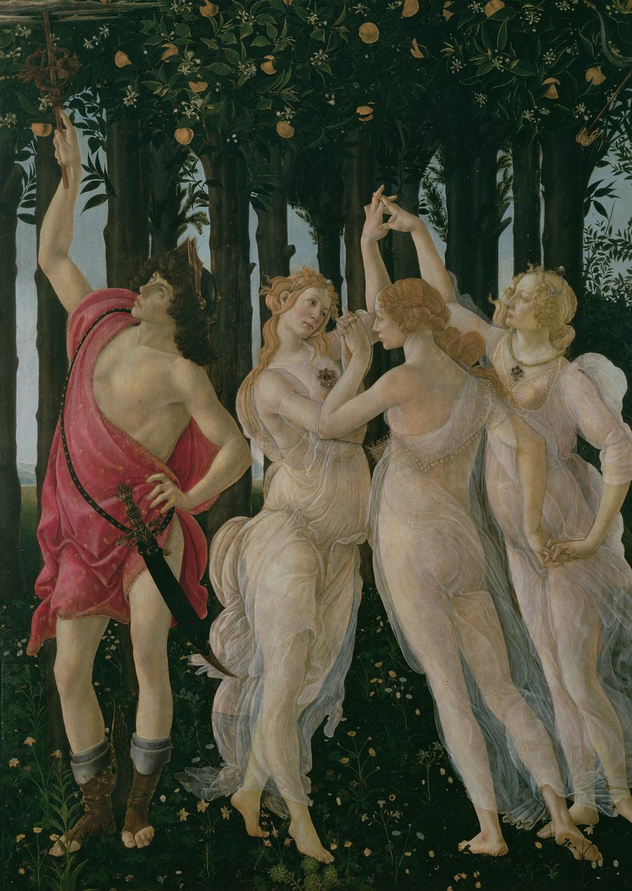 Detalj av de tre gracerna och Merkurius, från Primavera tempera på paneldetalj av 558 av Sandro Botticelli