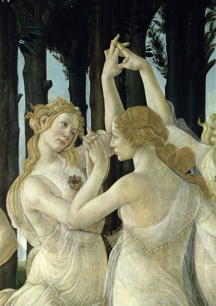 Detalj av två av de tre gracerna, från Primavera tempera på paneldetalj av 558 av Sandro Botticelli