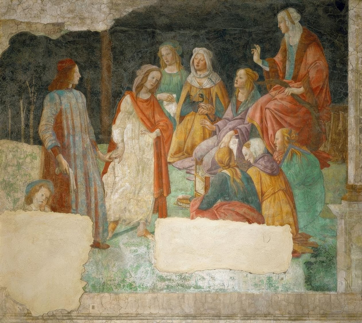 En ungdom (Lorenzo Tornabuoni?) förs in i den av Minerva av Sandro Botticelli