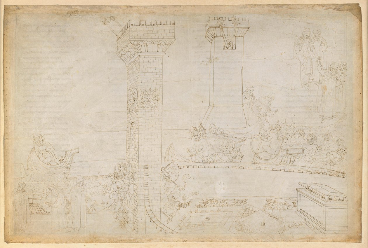 La Divina Commedia, Inferno VIII. Vergilius och Dante i helvetets femte krets: De häftiga vid Styx; framför portarna till staden Dis av Sandro Botticelli