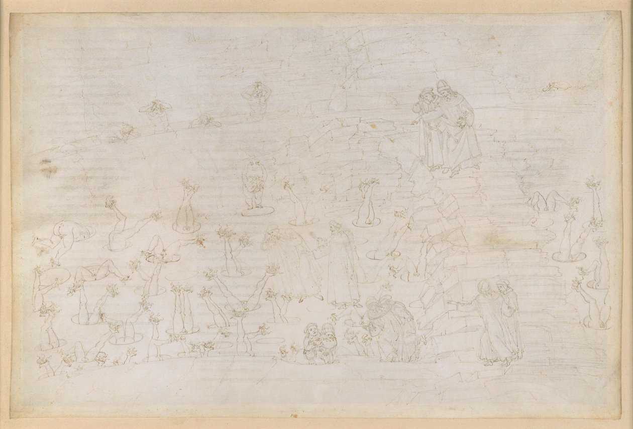 La Divina Commedia, Inferno XIX. Vergilius och Dante i helvetets åttonde krets (Malebolge), 3:e bolgia: Korrupta kyrkliga ämbetsmän, straffet för simonisterna av Sandro Botticelli