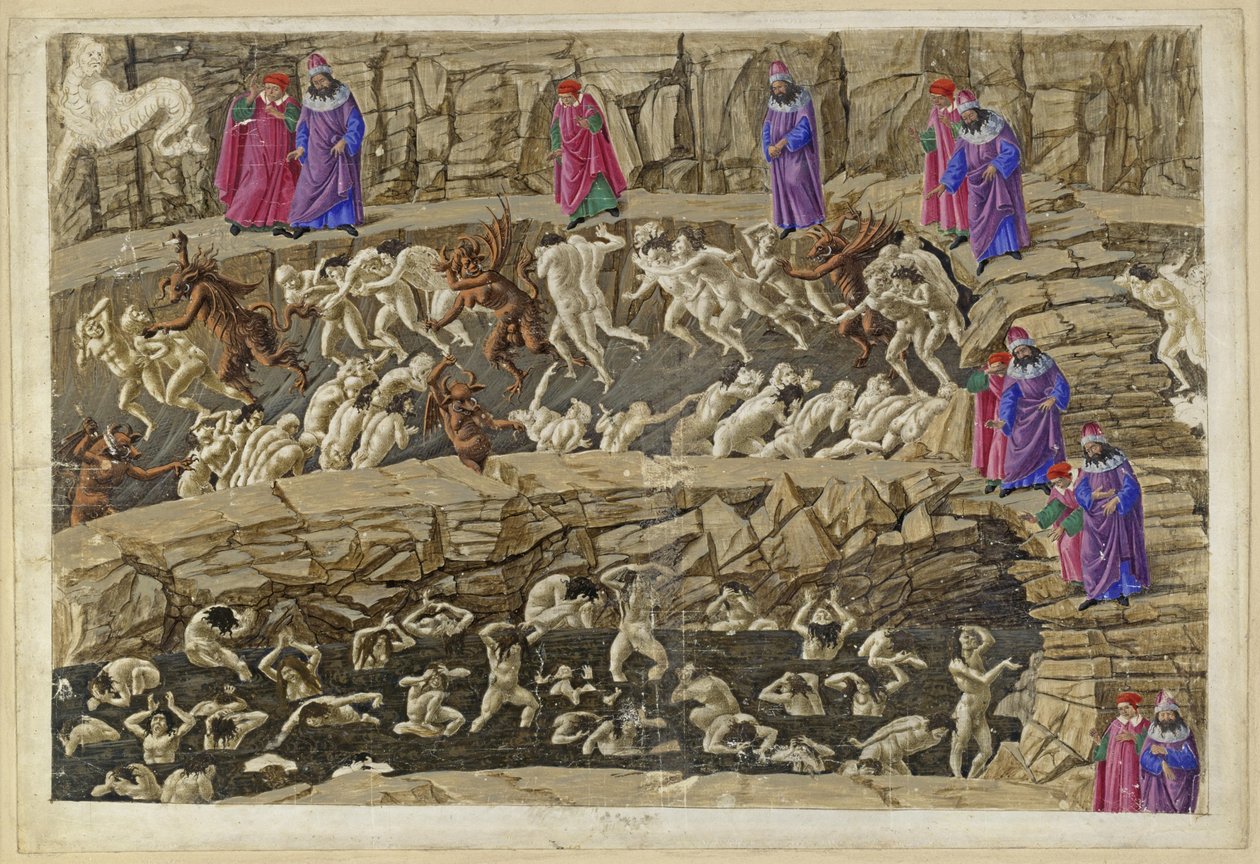 La Divina Commedia, Inferno XVIII. Vergilius och Dante i helvetets åttonde krets (Malebolge), 1:a och 2:a bolgia: Straffet för hallickar och förförare, smickrare och horor av Sandro Botticelli