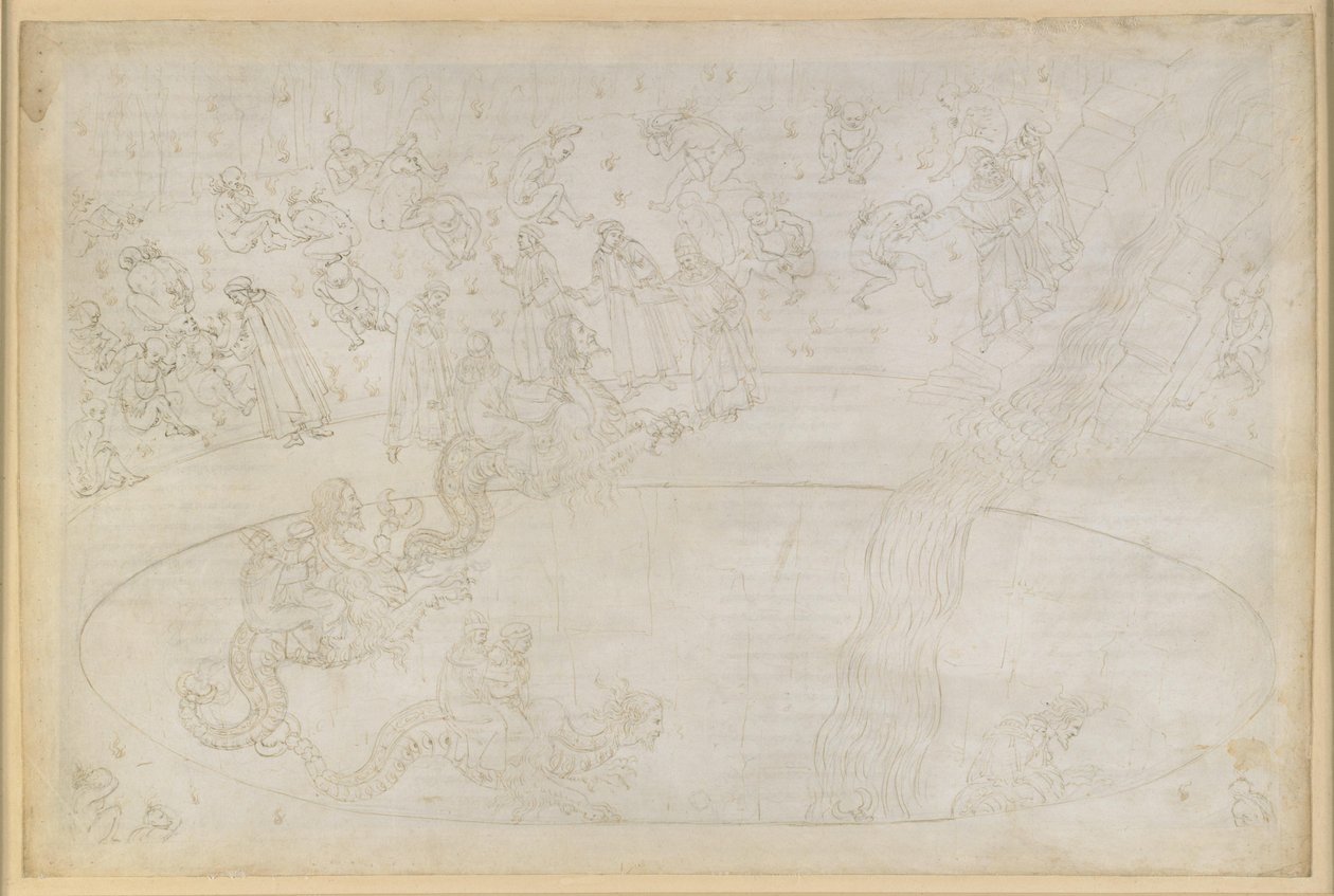 La Divina Commedia, Inferno XVII. Vergilius och Dante i helvetets sjunde krets, 3:e avsnittet: De som brutit mot den gudomliga ordningen i eldöknen, bestraffningen av ockrarna; nedstigningen i djupet på Geryons rygg av Sandro Botticelli