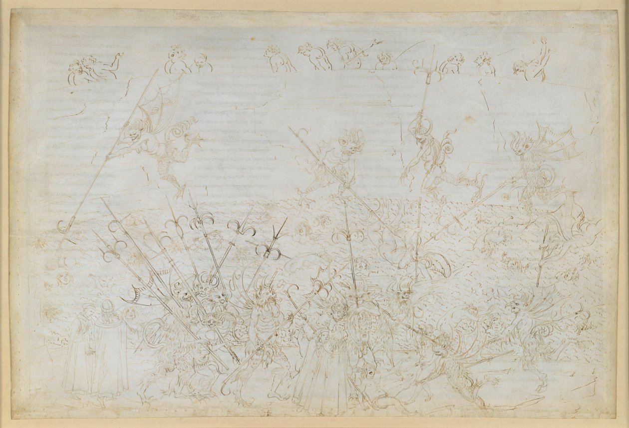 La Divina Commedia, Inferno XXII. Vergilius och Dante i helvetets åttonde krets (Malebolge), 5:e bolgia: Straffet för de korrupta; Ciampolos flykt av Sandro Botticelli